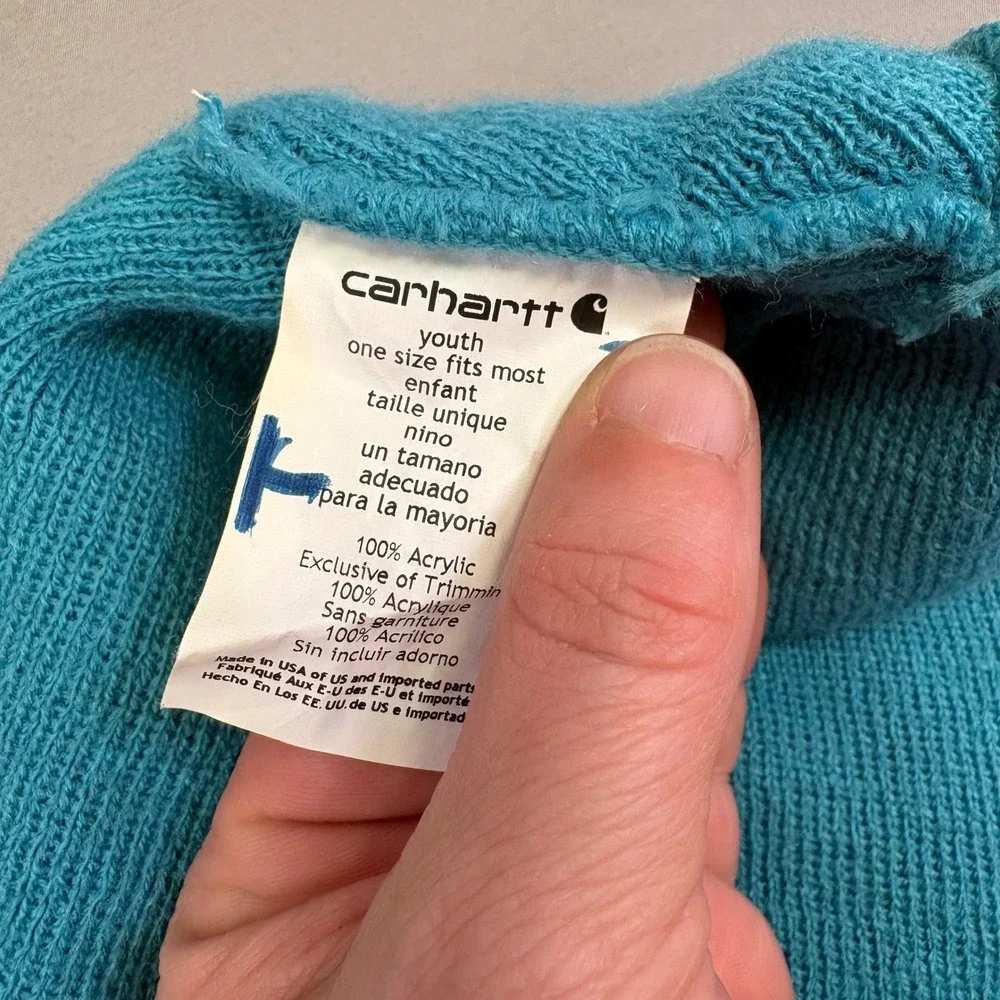 Carhartt Youth Acrylic Watch Hat Beanie Turquoise‎ Blue Rib Knit Logo Patch OSFM